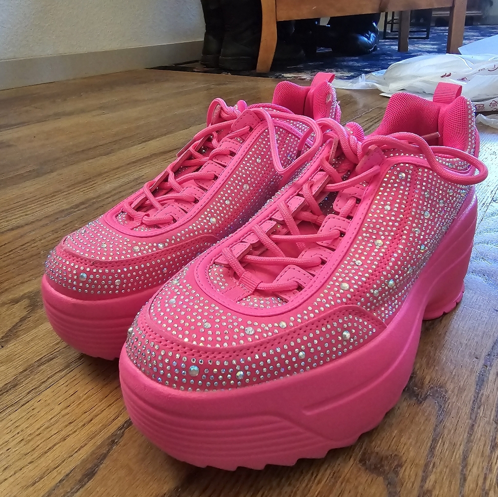 Neon Pink Bling Sneakers, Women's size 10